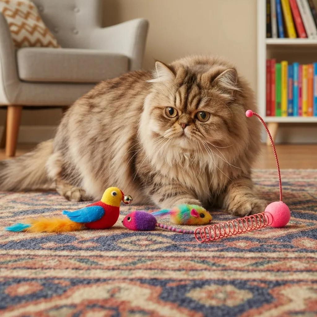 Playful cat engaging with a variety of interactive toys, including feather wands and scratchers, in a cozy home setting