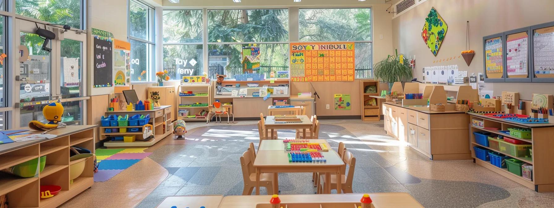 a vibrant preschool classroom filled with playful, interactive alphabet activity stations, where children are joyfully engaging in sensory learning, surrounded by colorful educational tools and playful decorations that stimulate their early literacy development.