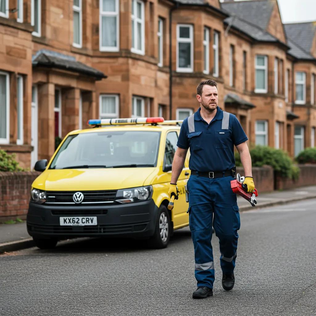 Plumber responding to an emergency call outside a residential building in Glasgow