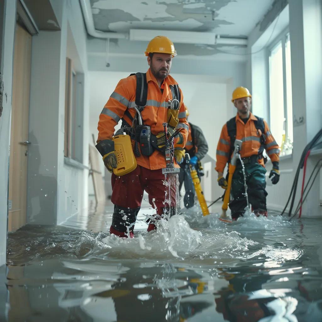 Emergency plumbers responding to a plumbing crisis in a commercial building, showcasing their professionalism and urgency