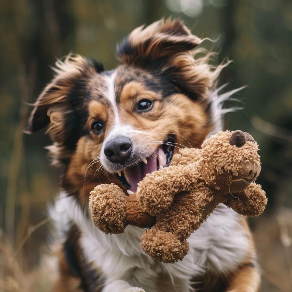 Dog playing with a durable plush toy, illustrating the importance of fabric durability