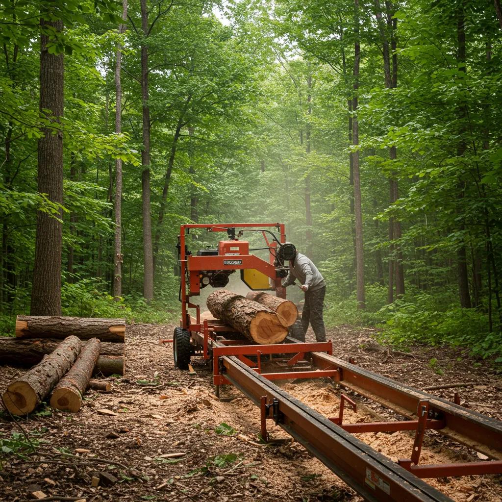 Sawmill in Michigan forest processing logs into lumber Sawmill in Michigan forest processing logs into lumber