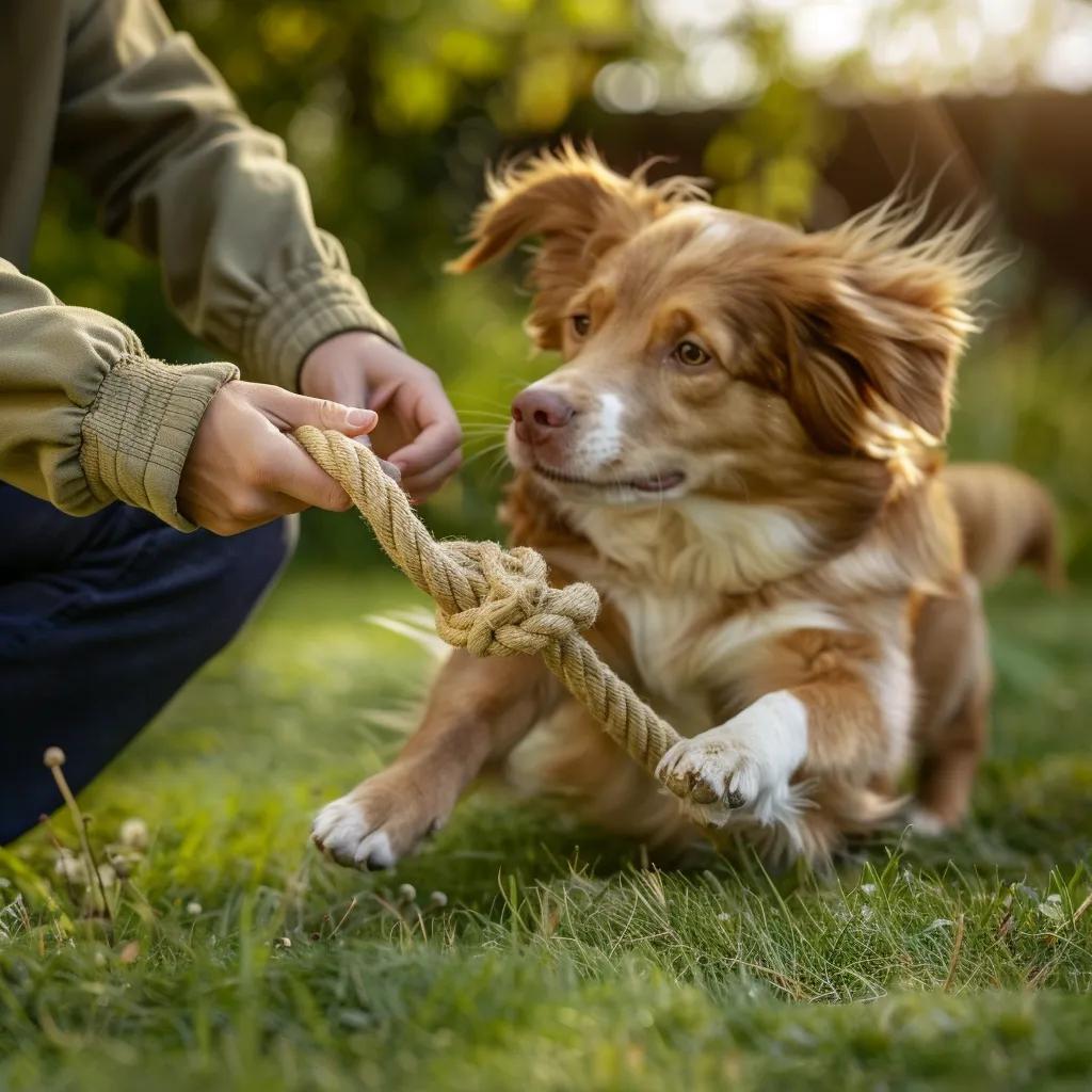 Dog and owner demonstrating safe tug-of-war play with clear body language