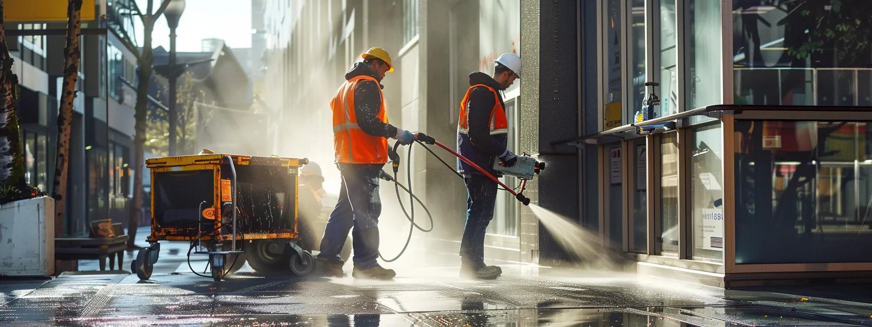 an urban setting showcases a professional power washing crew energetically rejuvenating a commercial building's exterior, with clear pricing charts displayed prominently alongside tools and equipment that illustrate the meticulous process involved.