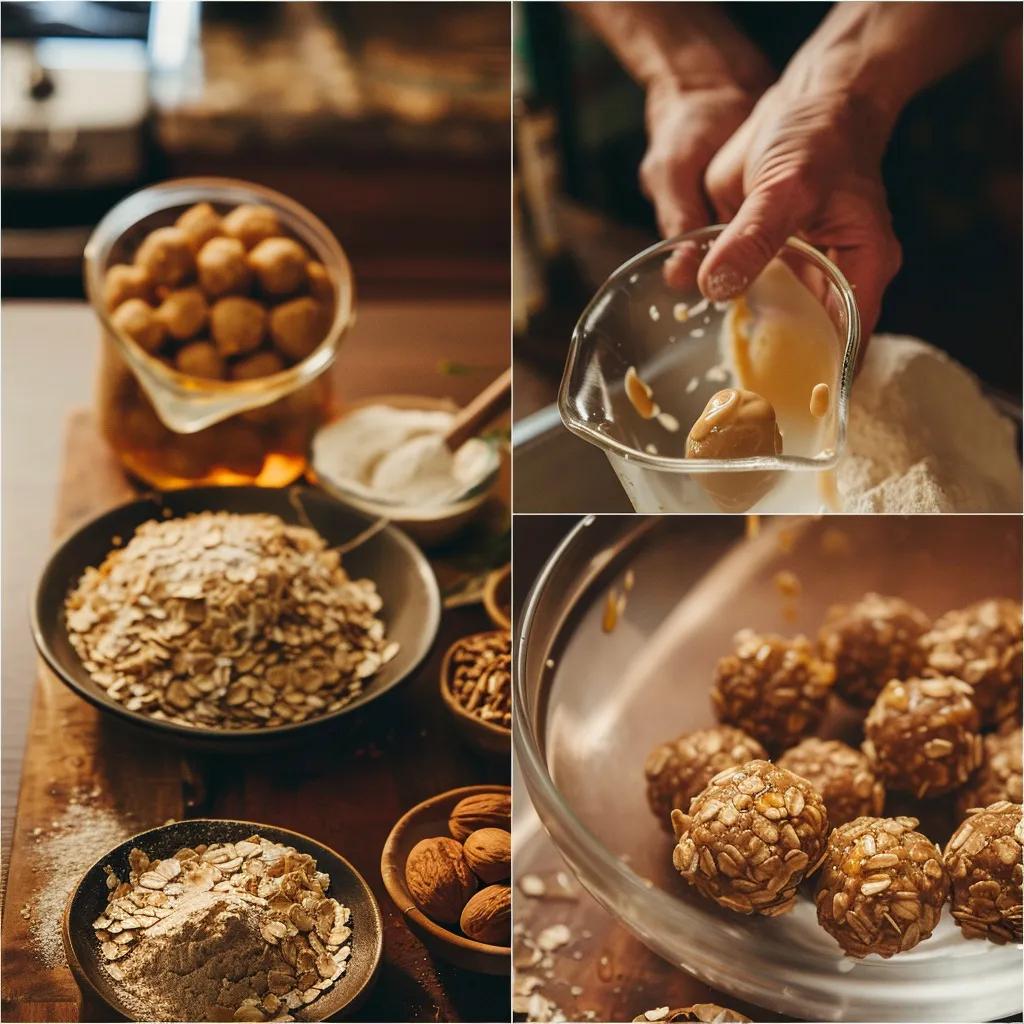 Preparation of classic honey oat energy balls with ingredients like oats, peanut butter, and honey in a kitchen