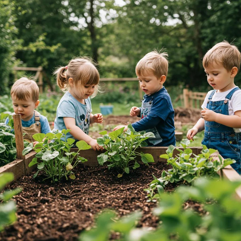 Preschool children exploring nature in an outdoor learning environment