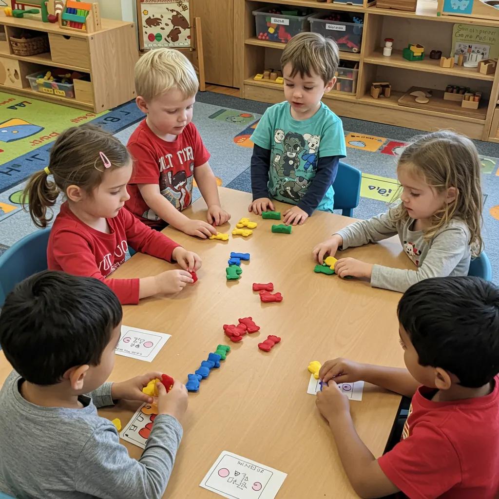 Preschoolers engaged in a guided counting activity using manipulatives, demonstrating cognitive development through structured play
