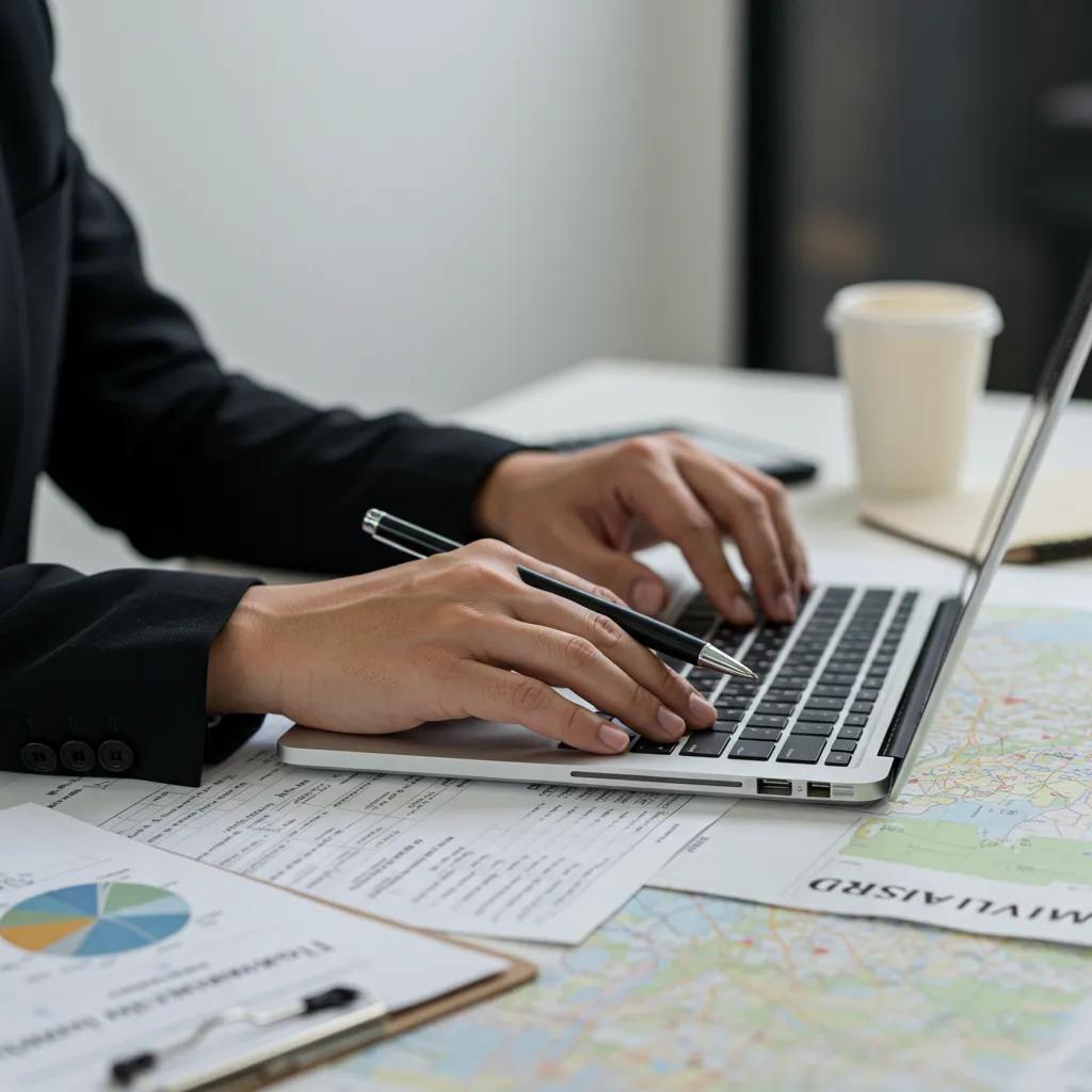 Private investigator analyzing data for people tracing services in a modern office