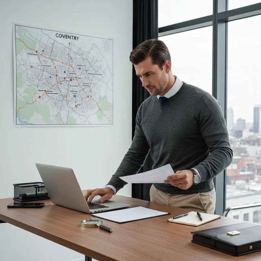 Professional private investigator examining documents in a Coventry office, highlighting expert people tracing services