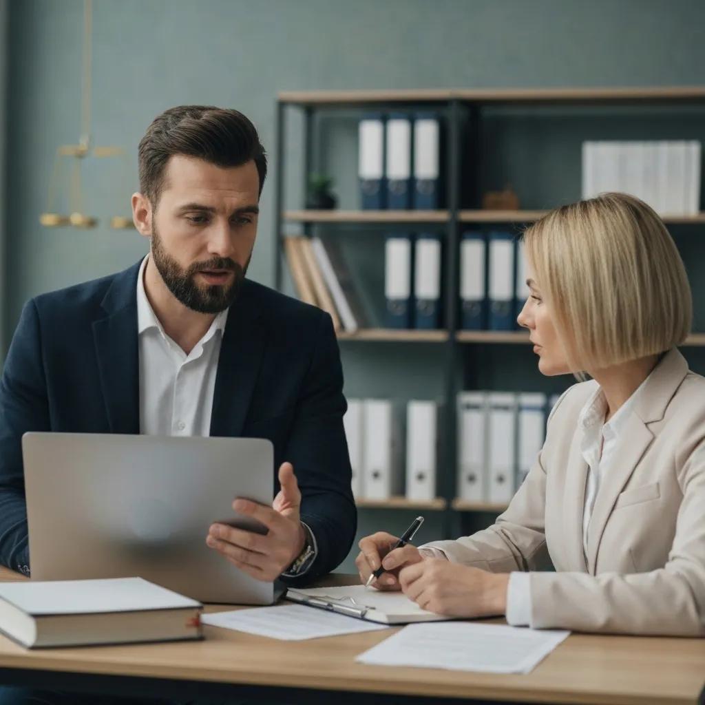 Private investigator and solicitor collaborating on a legal case in an office setting