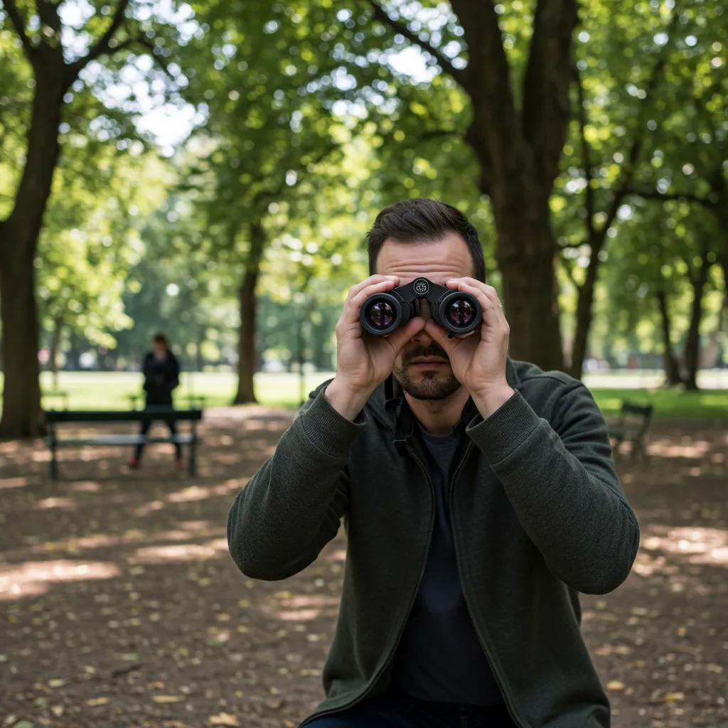 Private investigator conducting surveillance in a park using binoculars