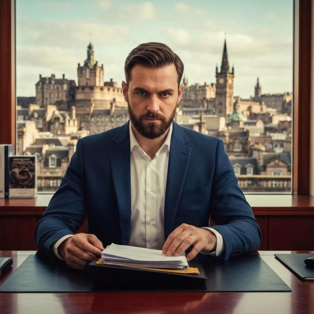 Edinburgh private investigator examining documents with the city skyline in the background