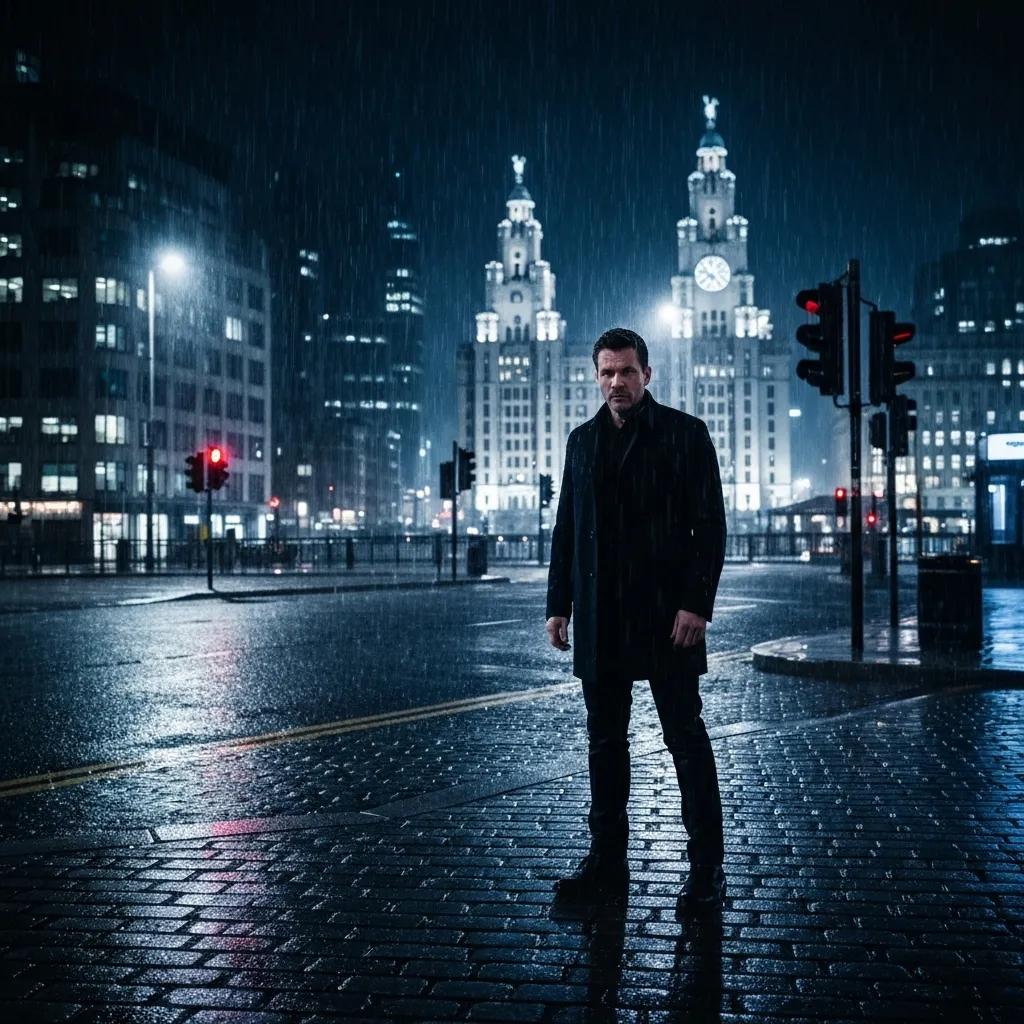 Private investigator observing in Liverpool with urban architecture in the background