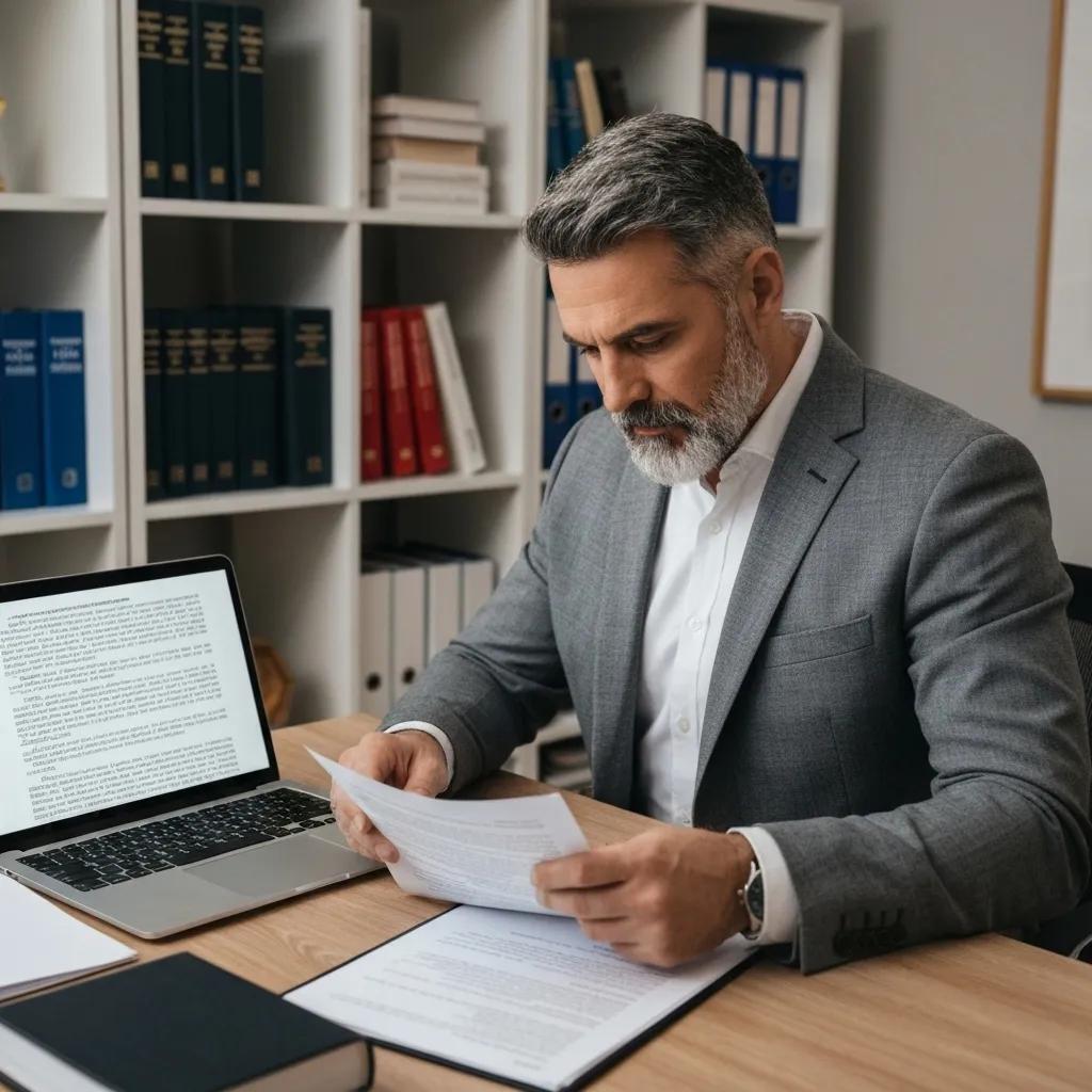 Private investigator reviewing legal documents in a professional office setting
