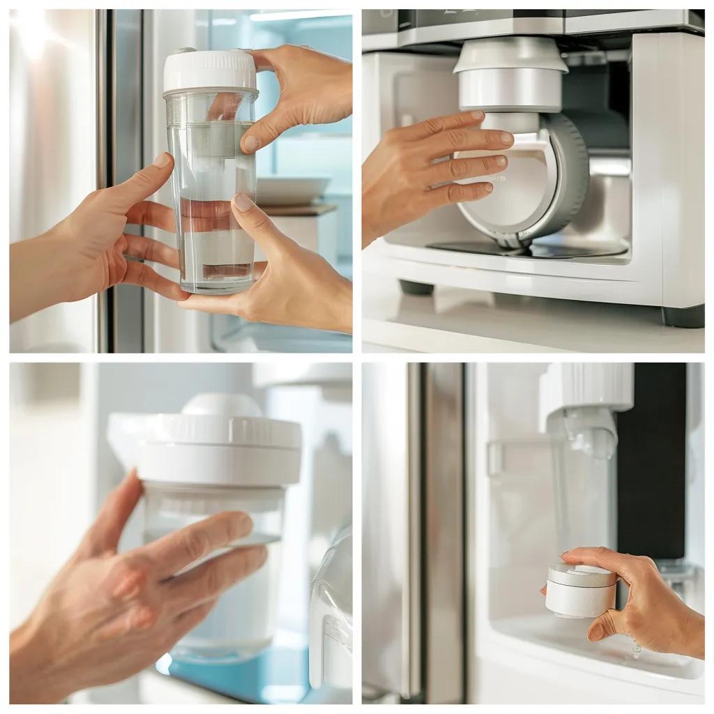 Step-by-step process of replacing a refrigerator water filter in a kitchen