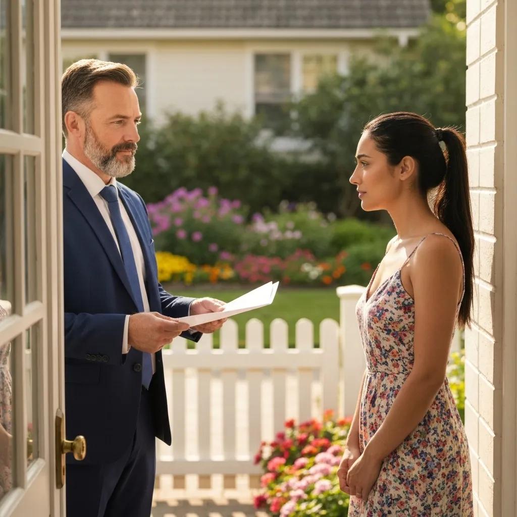 Process server handing divorce papers to a recipient at their home address