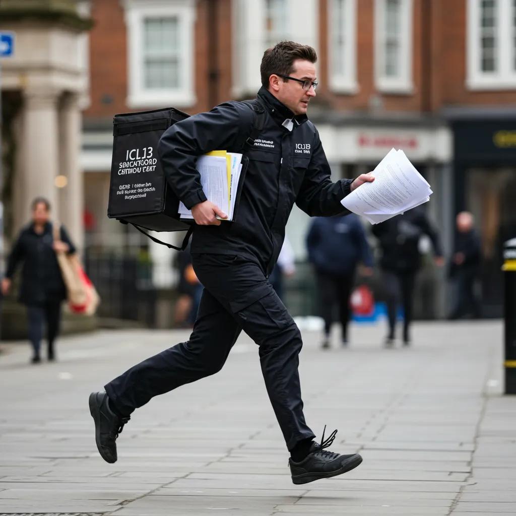 Process server delivering urgent legal documents on a busy Bristol street