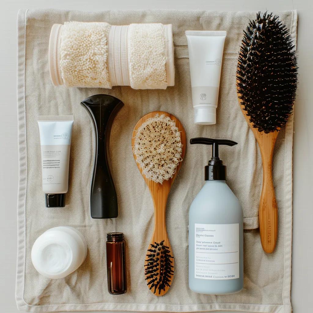 Essential tools and products for maintaining weft extensions displayed in an organized flat lay