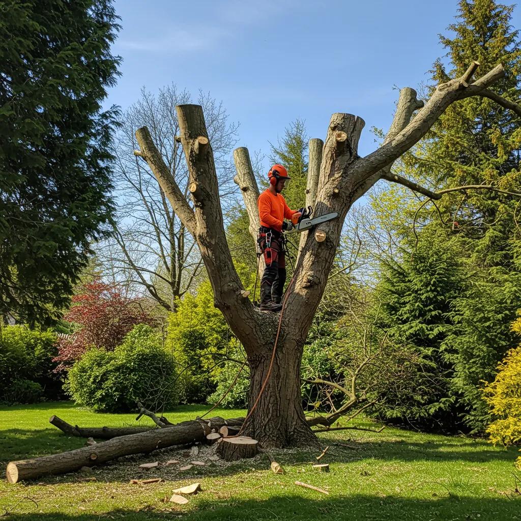 Professional arborist trimming a large tree in a lush garden, highlighting tree care services
