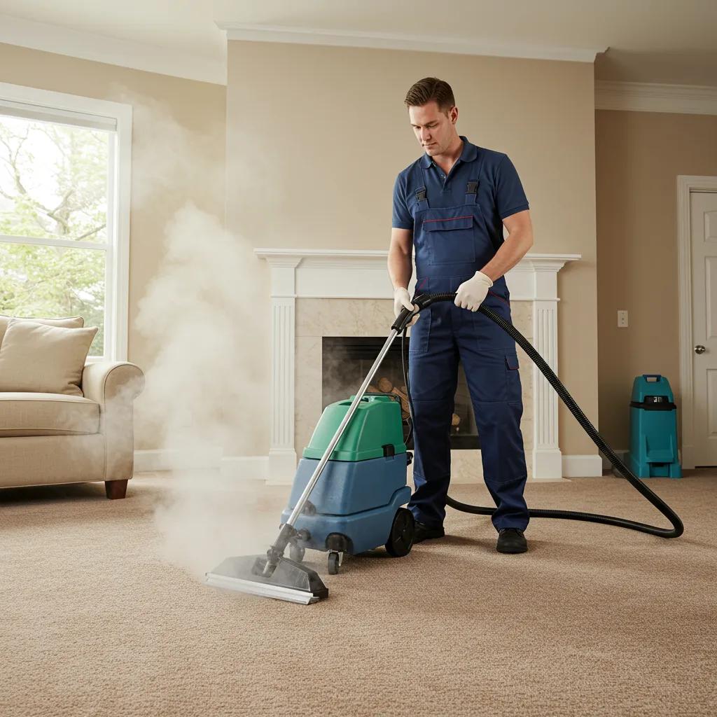 A professional carpet cleaner using hot water extraction equipment in a residential setting