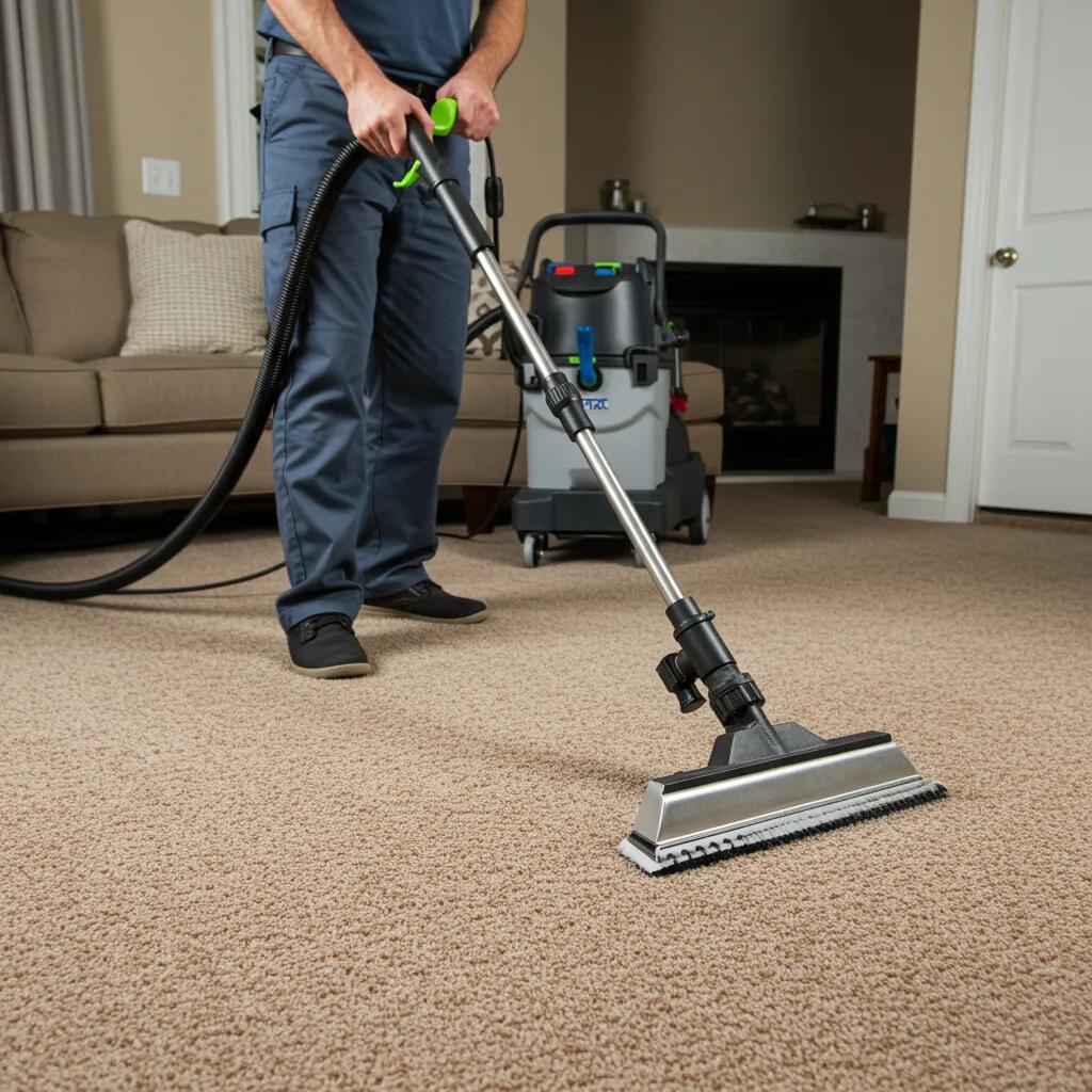 A professional carpet cleaner expertly using a hot water extraction machine on a carpeted floor.
