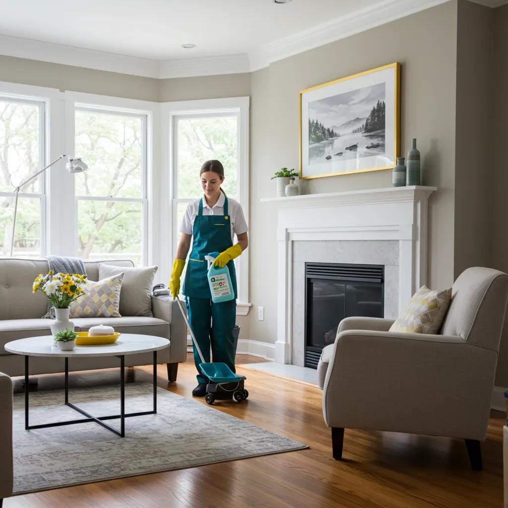 Professional cleaner in a spotless Ottawa living room using eco-friendly products