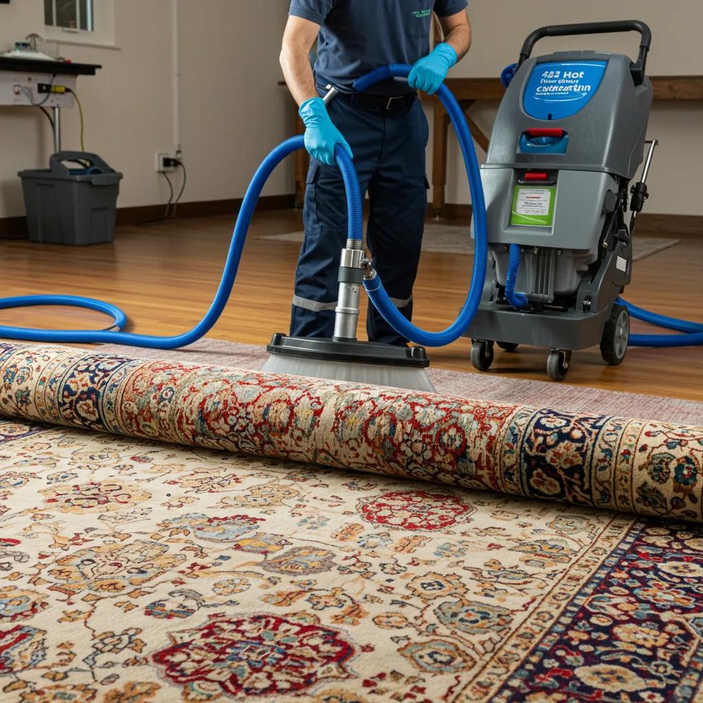 A professional cleaner using advanced equipment to clean an area rug, demonstrating effective techniques