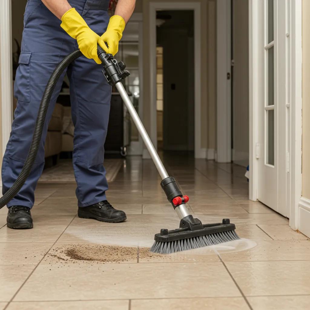 A professional cleaning technician meticulously cleaning tile and grout with state-of-the-art equipment in a home setting