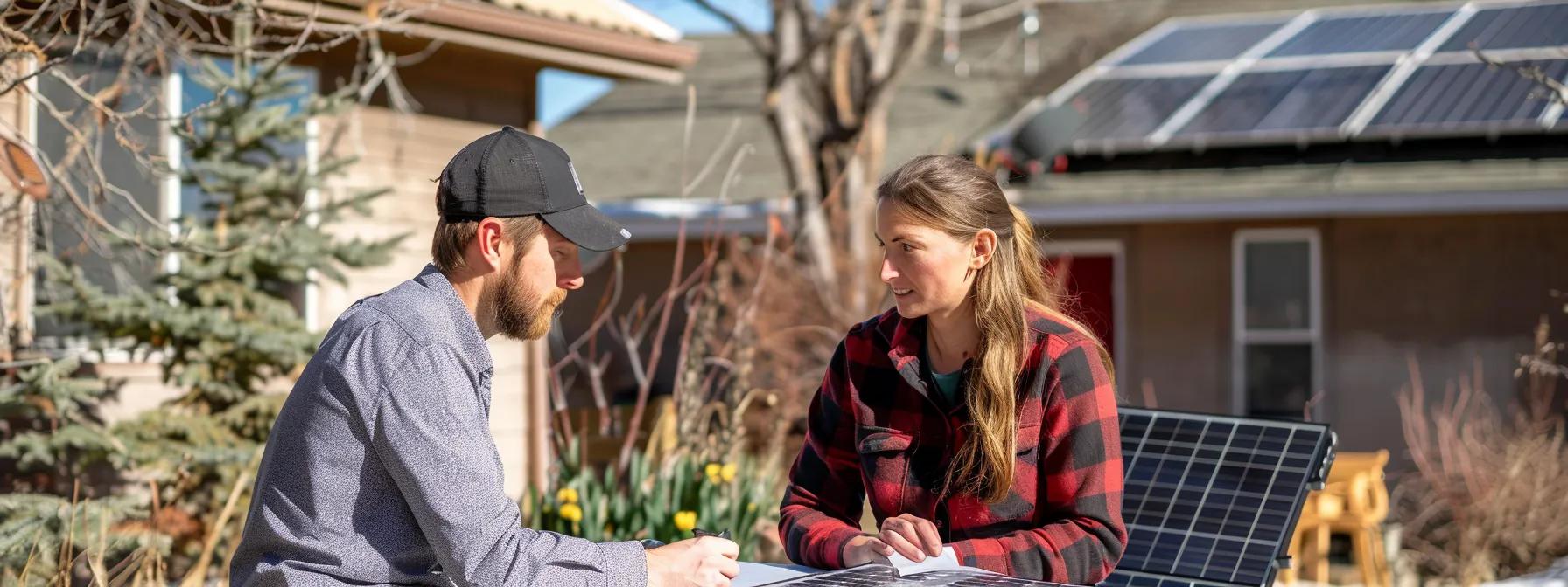 A solar energy professional discussing tax incentives and SREC opportunities with a client, solar panels visible in the background.