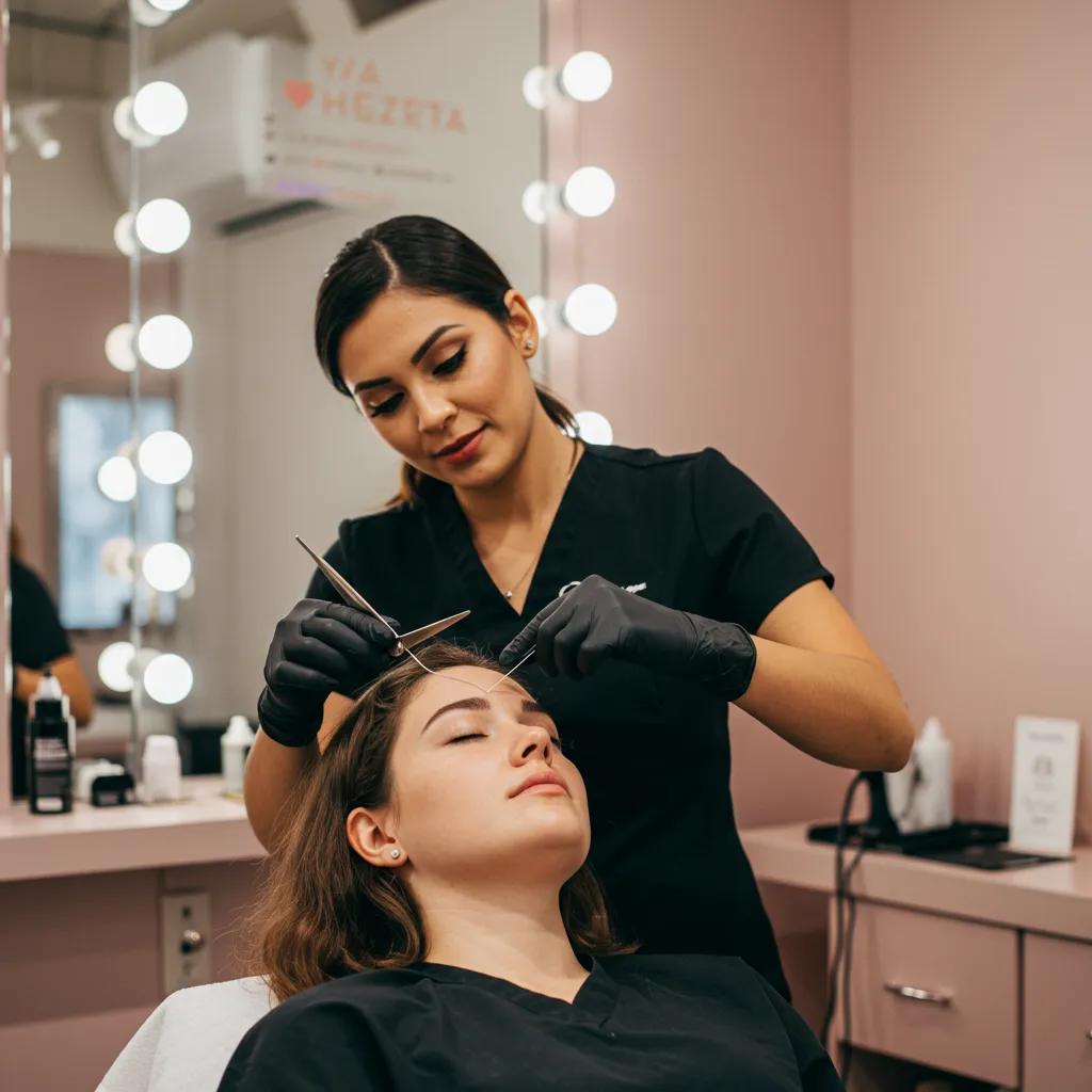 Professional hair threading session in a stylish Manhattan salon, highlighting precision and technique