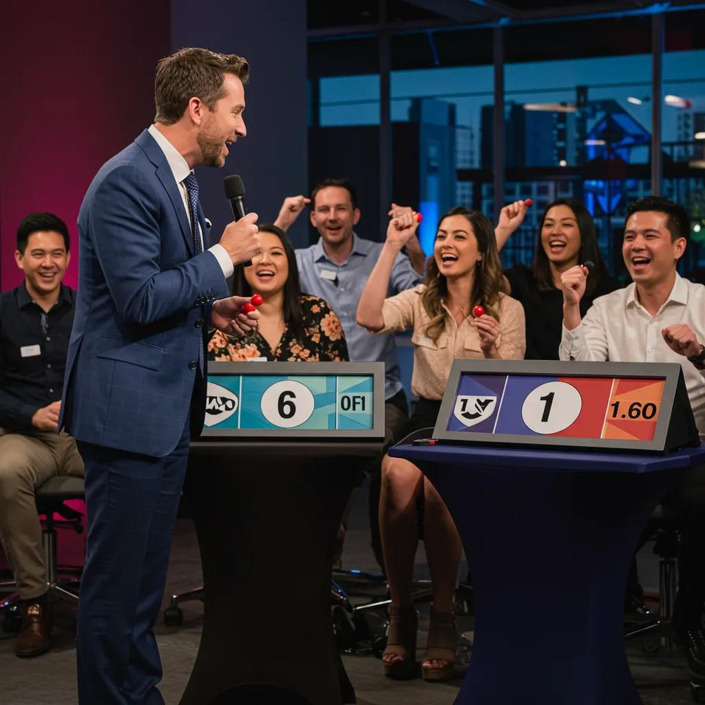 professional host engaging corporate audience in an interactive game show 1bbf275a a096 4c66 83ba d02b8c0b11df A charismatic host actively engaging a corporate audience in a lively game show setting