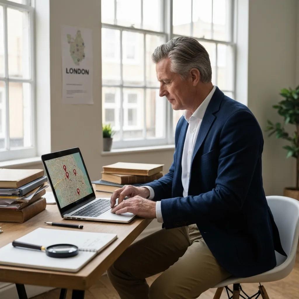 A professional investigator in London using a laptop, signifying expert people tracing services