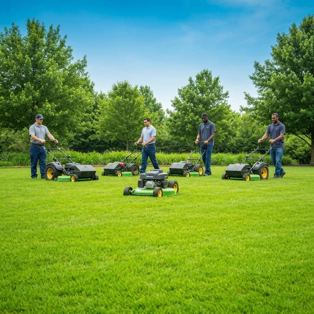 Professional lawn care team maintaining a lush green lawn, emphasizing quality service and expertise