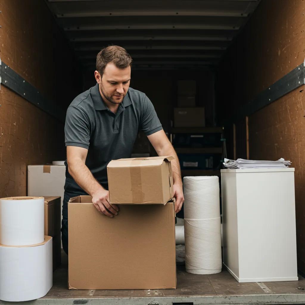 Professional mover carefully packing delicate items into a moving truck
