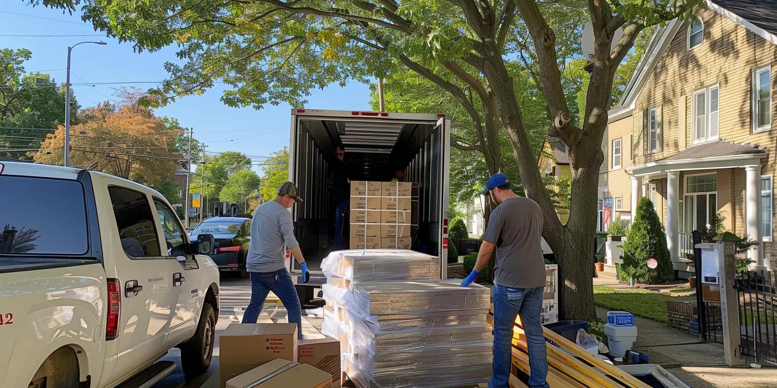 Professional movers unloading boxes from a moving truck on a residential street, surrounded by trees and houses.
