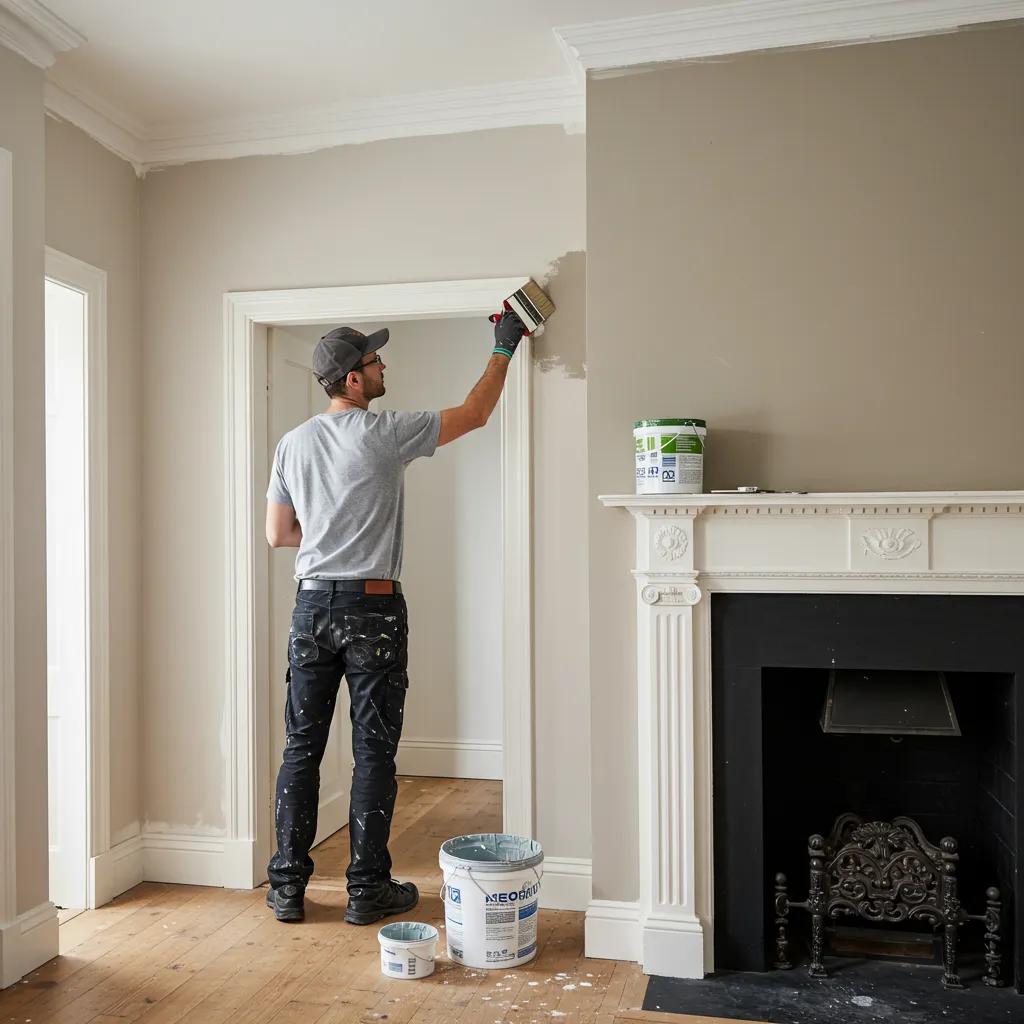 A professional painter applying eco-friendly paint within a stylish London residence, highlighting superior craftsmanship