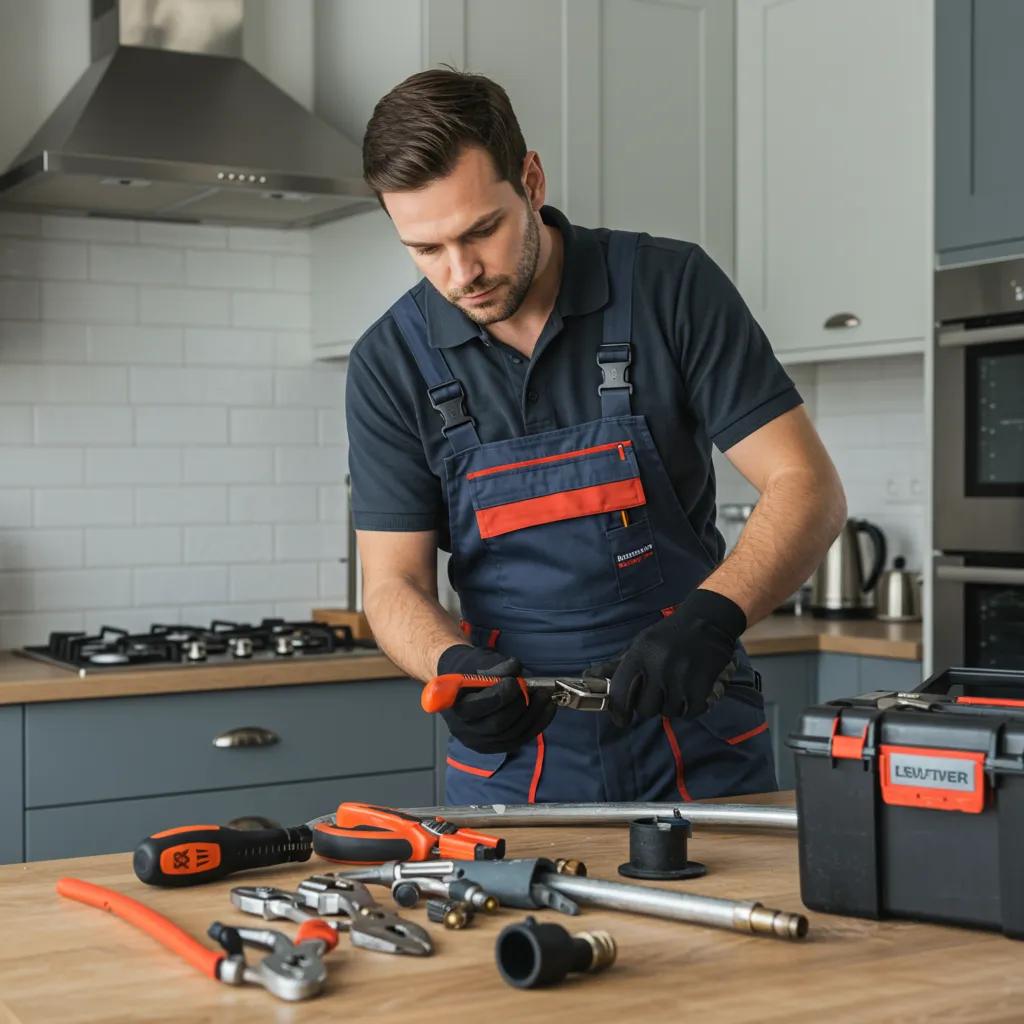 Professional plumber expertly fixing a pipe in a modern kitchen, demonstrating reliability and skill
