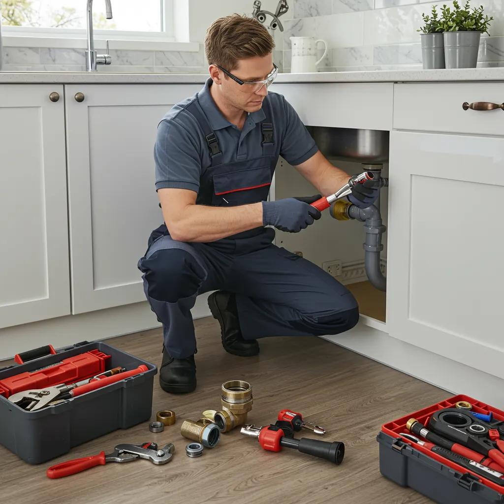 Skilled plumber fixing a pipe beneath a sink, demonstrating dependable plumbing services