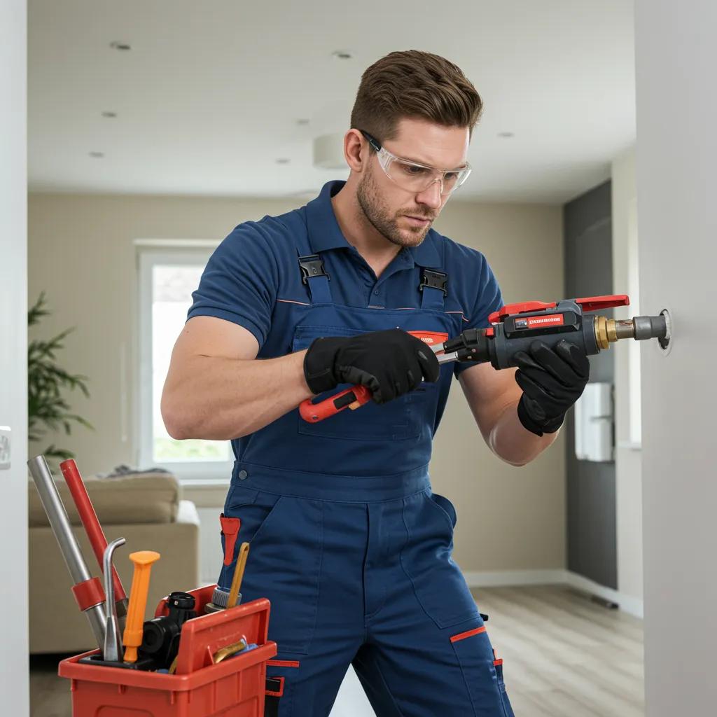 Professional plumber fixing a burst pipe in a home, highlighting emergency plumbing services in Lanarkshire