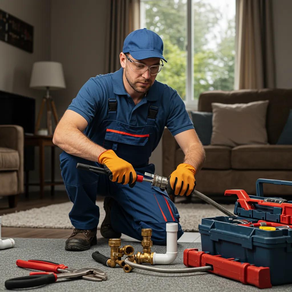 Skilled plumber fixing a pipe in a comfortable home, showcasing our plumbing expertise