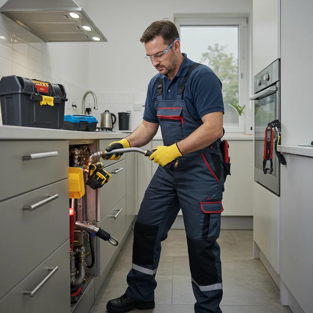 Skilled plumber expertly fixing pipes in a modern kitchen, demonstrating professionalism and dependability