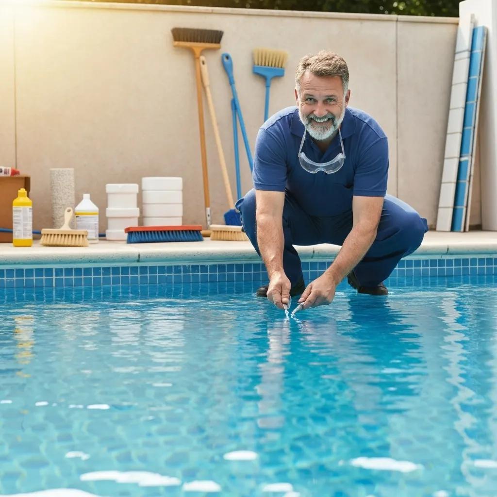 A professional pool technician carefully inspecting a pool surface, demonstrating expertise and attention to detail for resurfacing