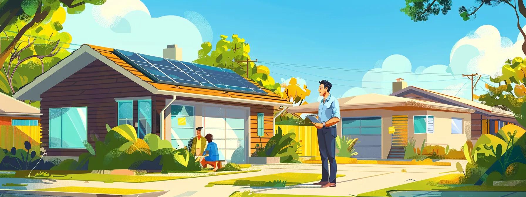 A solar sales professional presenting energy solutions to a client, with solar panels visible in the background.