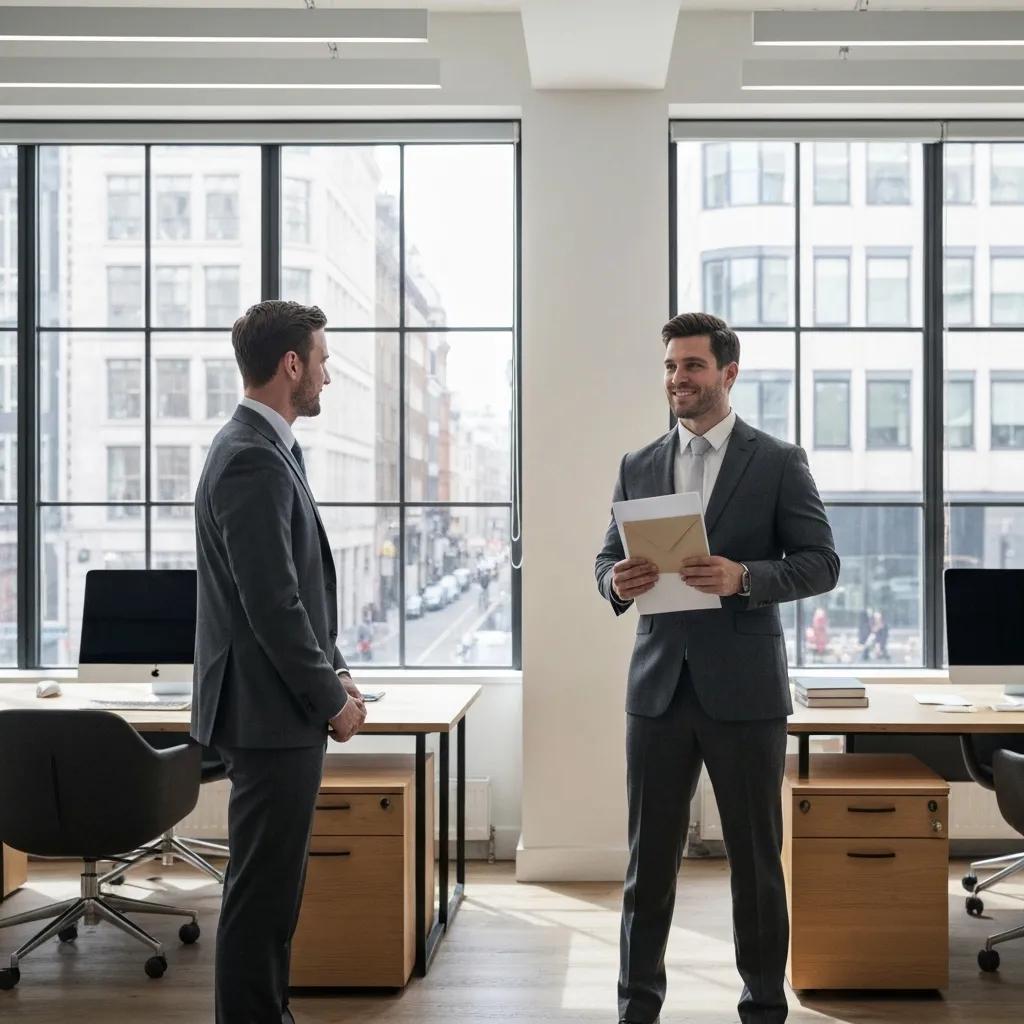 Professional process server delivering legal documents in a modern office