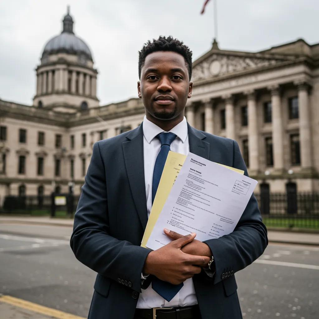 Professional process server delivering legal documents in front of Nottingham courthouse