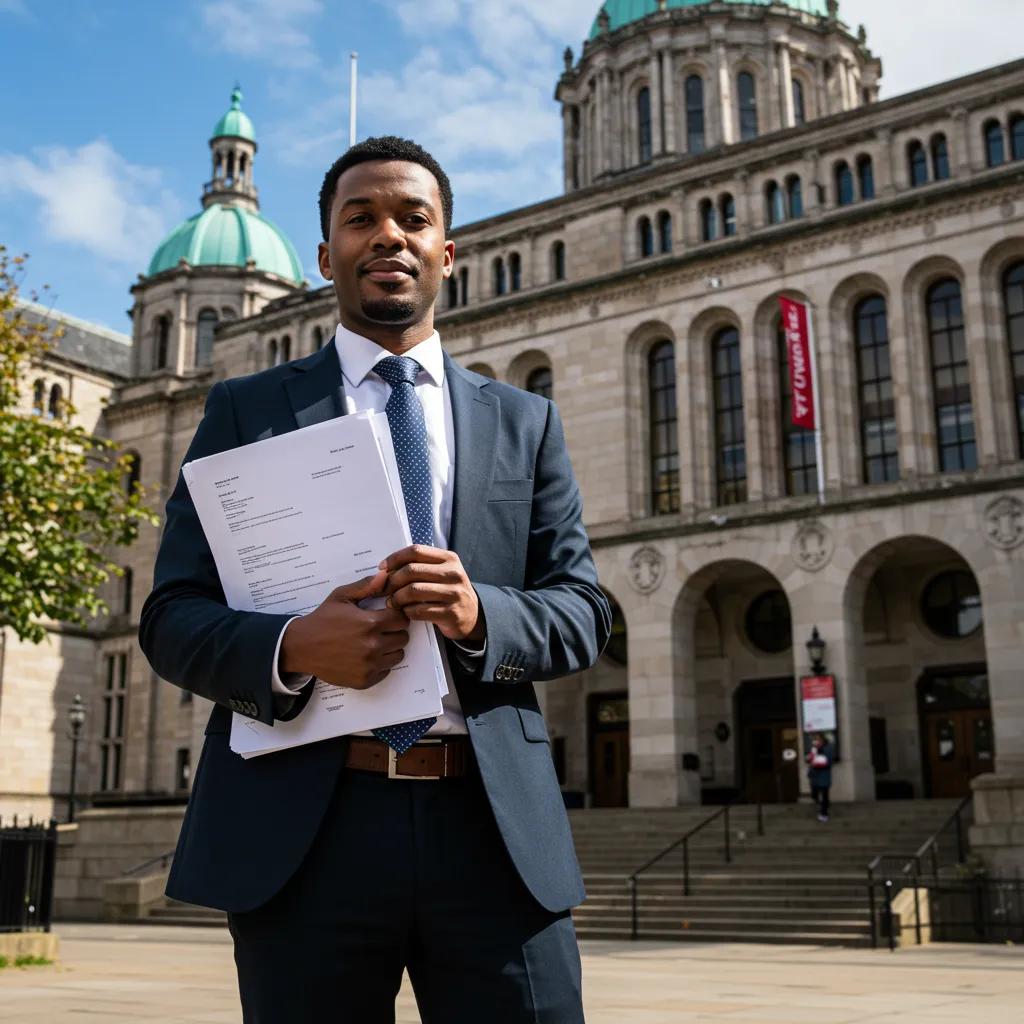 Professional process server handing legal documents to someone outside a Liverpool courthouse