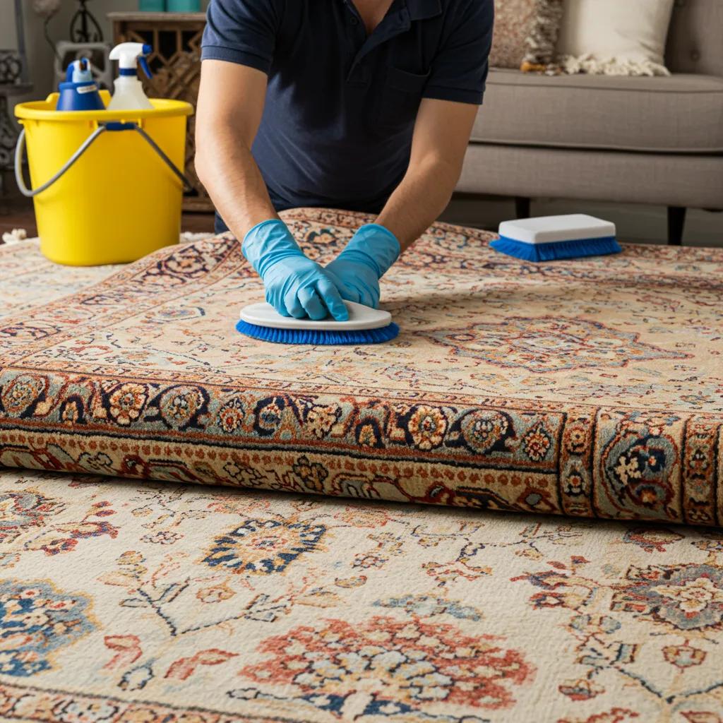 A cleaning professional carefully cleaning a wool rug using a low-moisture technique