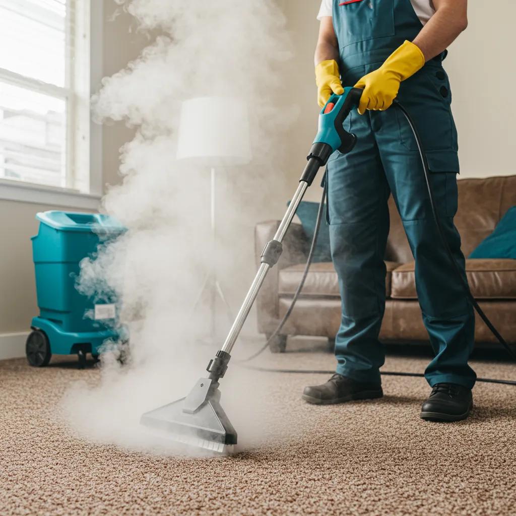 A professional technician using a powerful steam cleaner on a carpet to effectively remove allergens and enhance indoor air quality