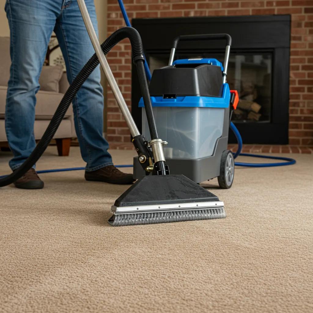 A professional carpet cleaner using a hot water extraction machine to deep clean carpets, highlighting the effectiveness of professional services