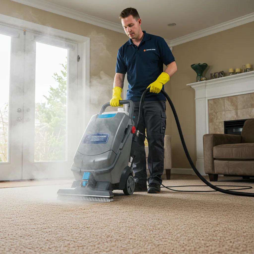 Professional technician using steam cleaning method on carpet, showcasing effective carpet cleaning techniques